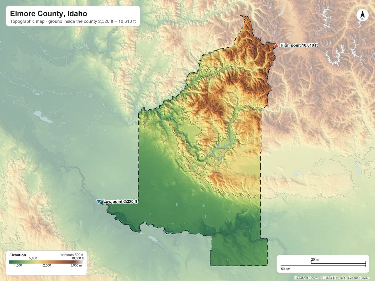 Topographic elevation map of Elmore County, Idaho, shaded from 2,320 ft on the southwest side to 10,610 ft on Snowyside Peak