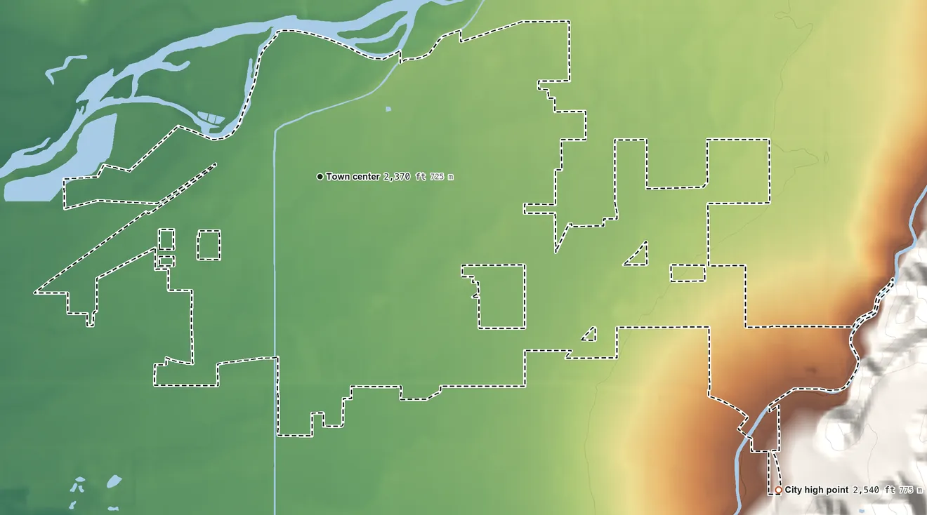 Topographic elevation map of Emmett, Idaho, shaded from 2,350 ft on the southwest side to 2,540 ft on the southeast edge, below higher ground just outside