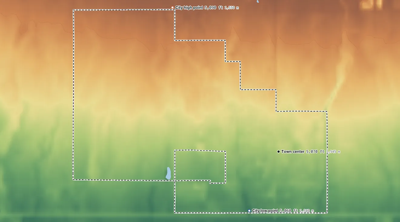 Topographic elevation map of Fairfield, Idaho, shaded from 5,060 ft on the southwest side to 5,090 ft on the northwest side