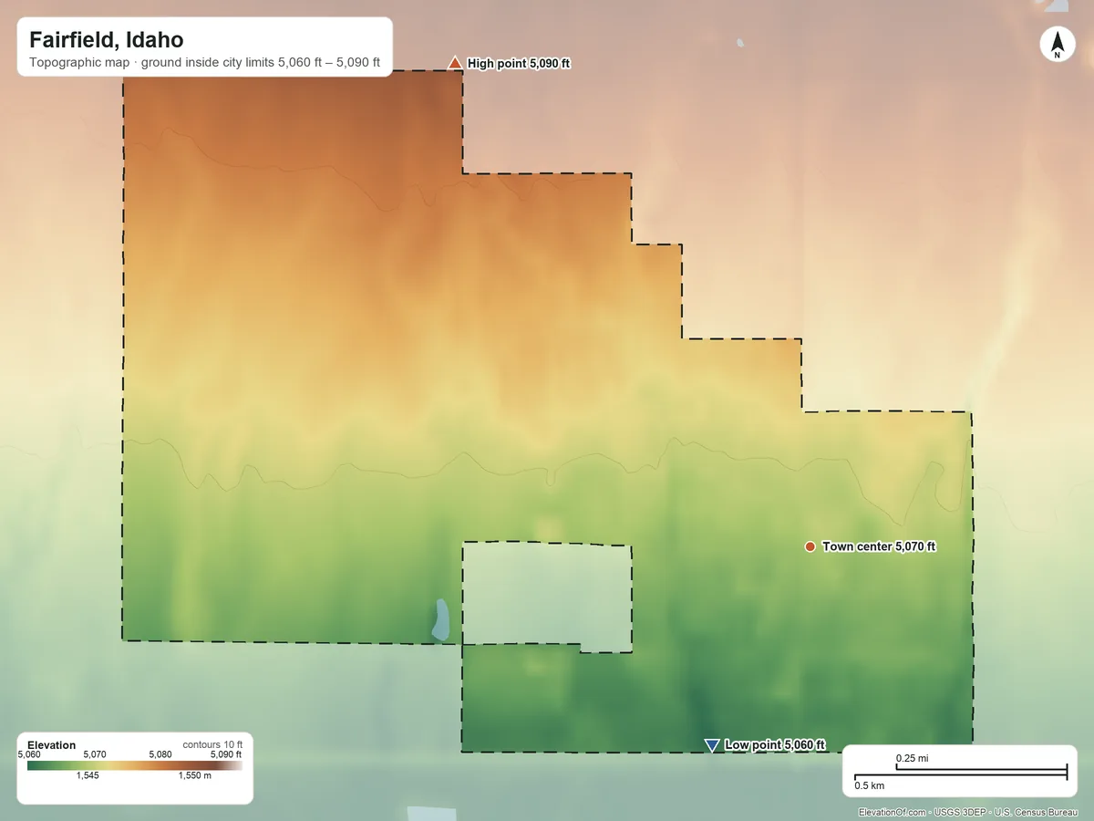 Topographic elevation map of Fairfield, Idaho, shaded from 5,060 ft on the southwest side to 5,090 ft on the northwest side