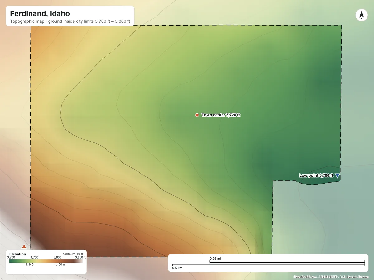 Topographic elevation map of Ferdinand, Idaho, shaded from 3,700 ft on the southeast side to 3,860 ft on the southwest edge, below higher ground just outside