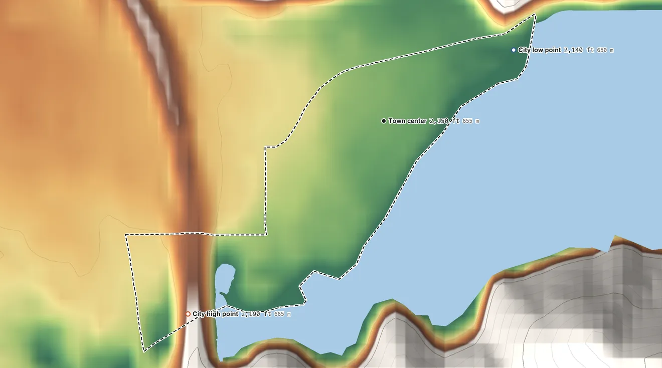 Topographic elevation map of Fernan Lake Village, Idaho, shaded from 2,140 ft on the northeast side to 2,190 ft on the southwest edge, below higher ground just outside