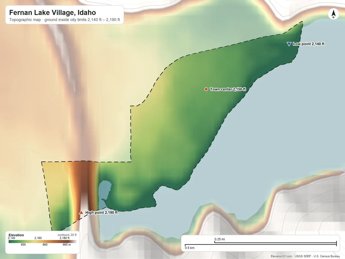 Topographic elevation map of Fernan Lake Village, Idaho, shaded from 2,140 ft on the northeast side to 2,190 ft on the southwest edge, below higher ground just outside