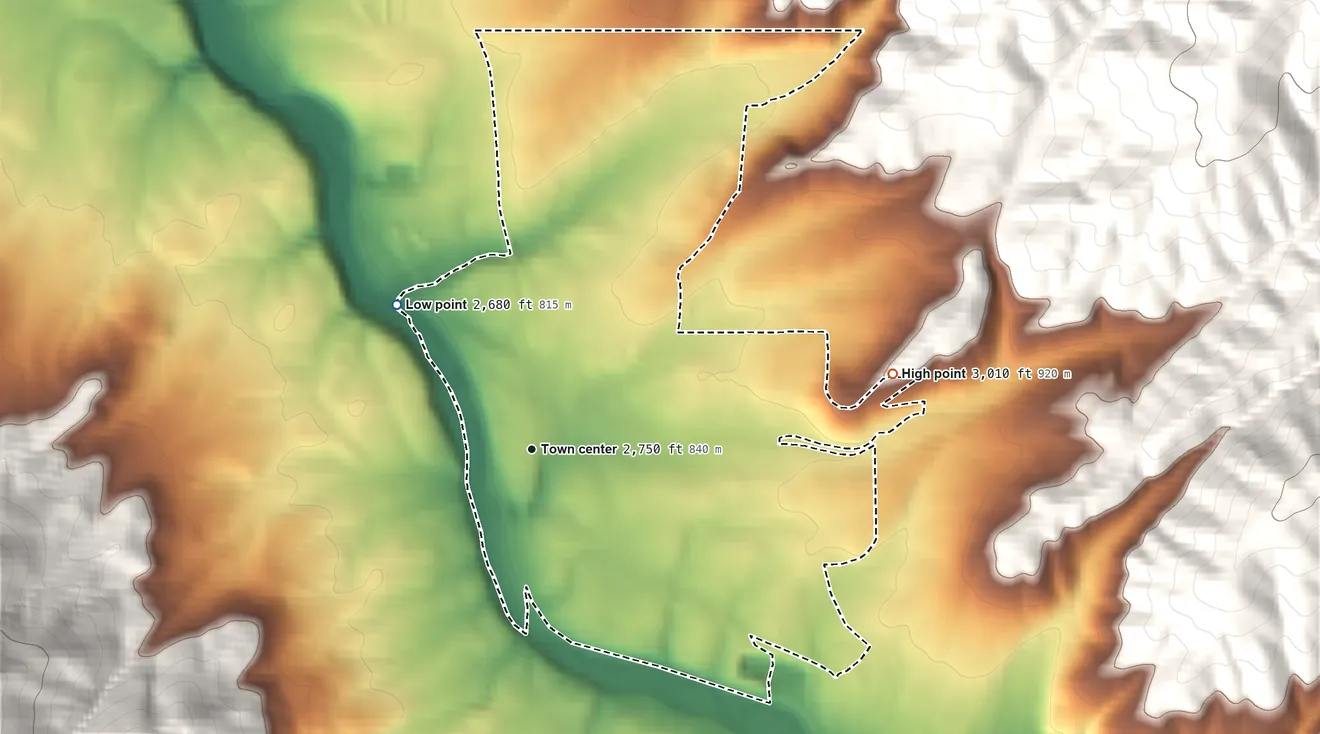Topographic elevation map of Fernwood, Idaho, shaded from 2,680 ft on the northwest side to 3,010 ft at the foot of the Hoodoo Mountains