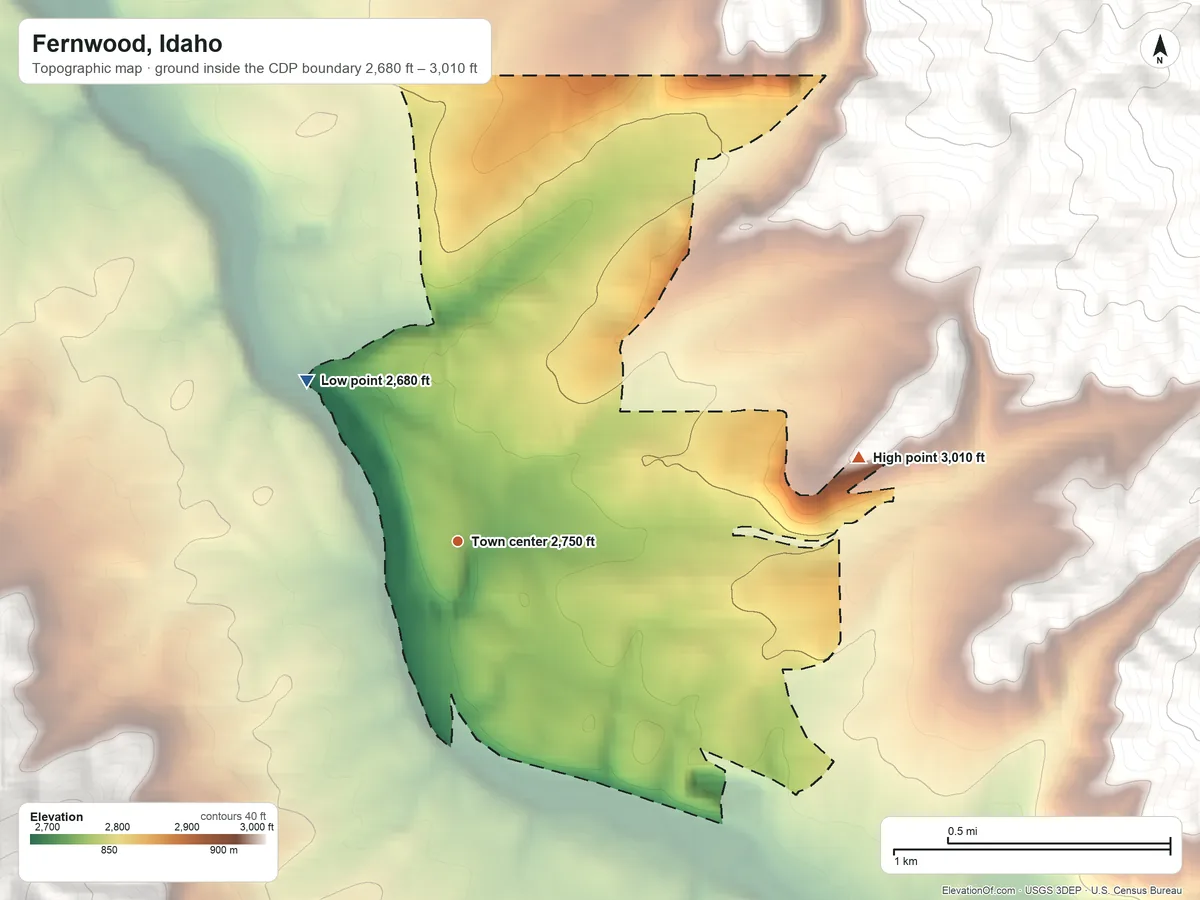 Topographic elevation map of Fernwood, Idaho, shaded from 2,680 ft on the northwest side to 3,010 ft at the foot of the Hoodoo Mountains