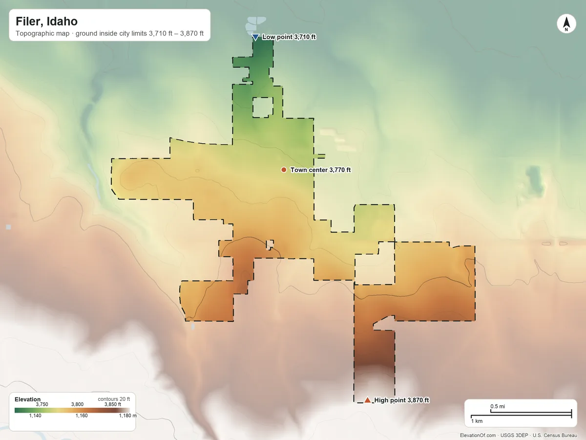 Topographic elevation map of Filer, Idaho, shaded from 3,710 ft on the north side to 3,870 ft on the south side