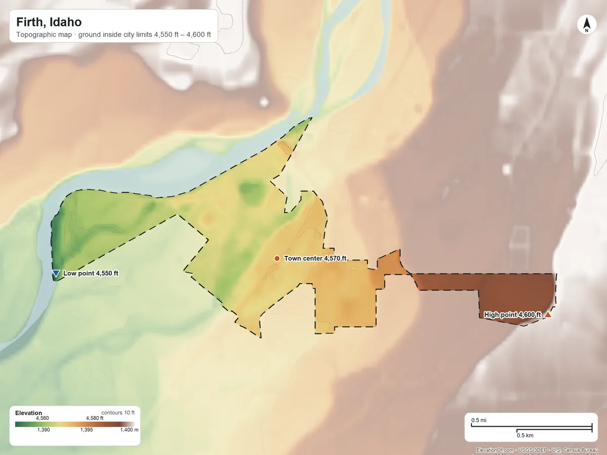 Topographic elevation map of Firth, Idaho, shaded from 4,550 ft on the west side to 4,600 ft on the east side