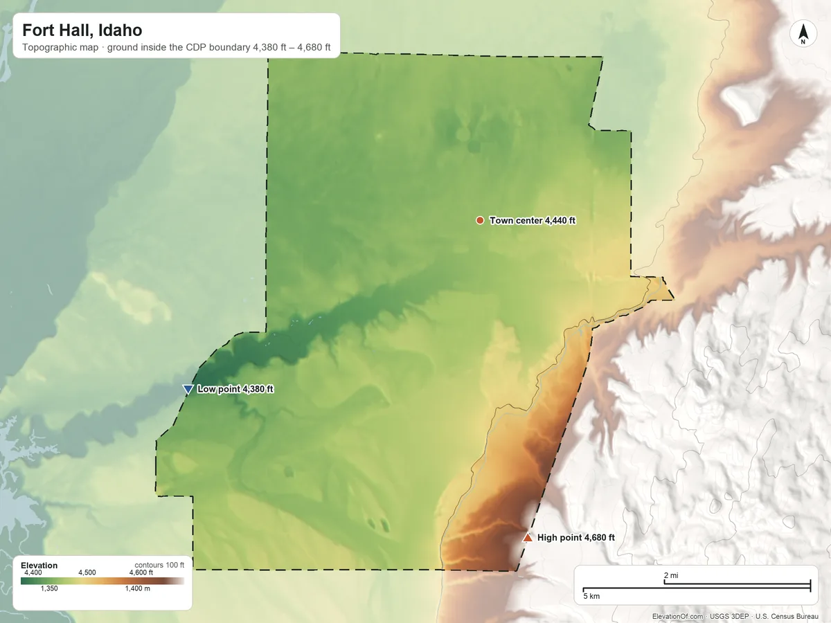 Topographic elevation map of Fort Hall, Idaho, shaded from 4,380 ft on the southwest side to 4,680 ft at the foot of the Pocatello Range