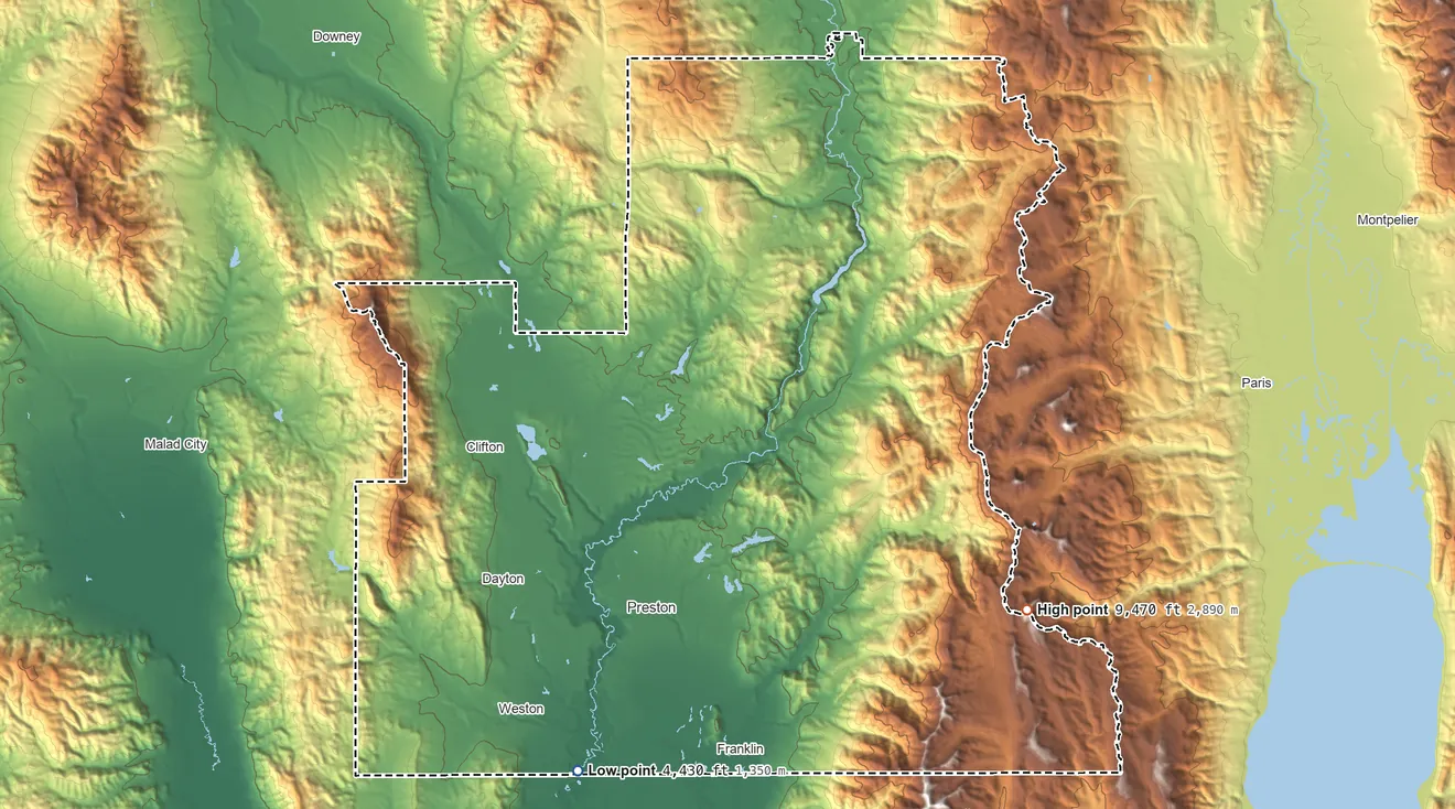 Topographic elevation map of Franklin County, Idaho, shaded from 4,430 ft on the south side to 9,470 ft on the southeast side