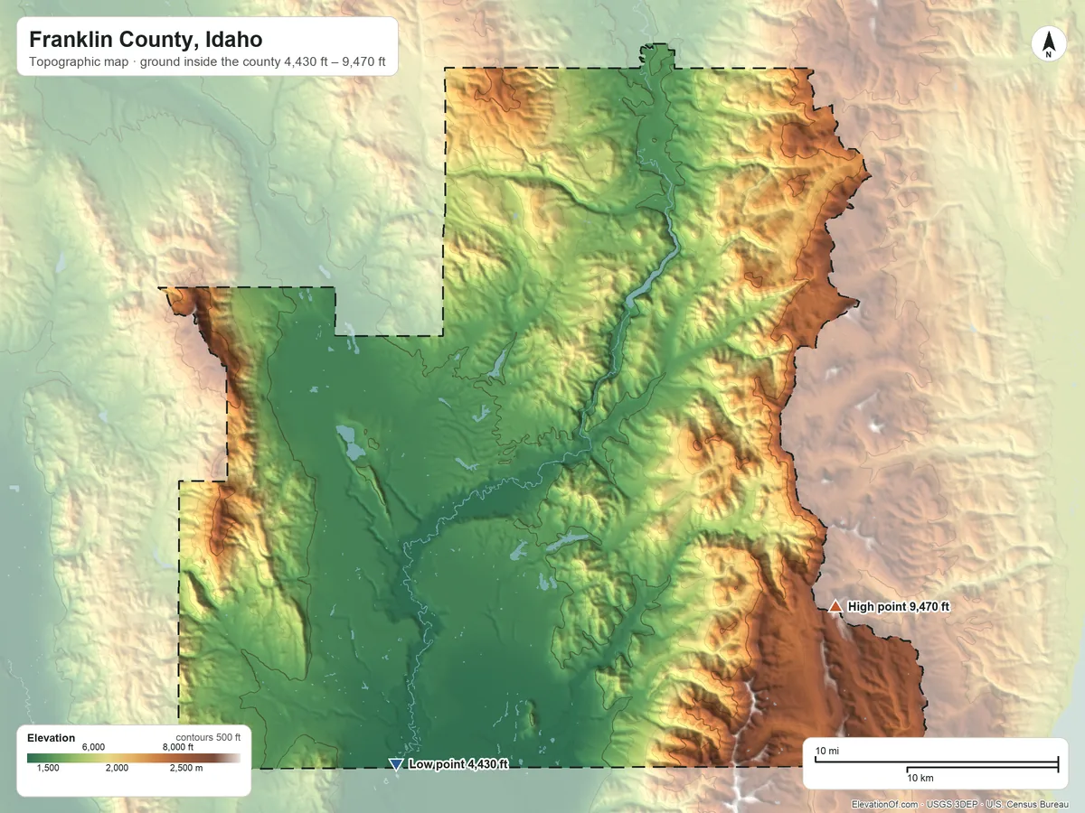 Topographic elevation map of Franklin County, Idaho, shaded from 4,430 ft on the south side to 9,470 ft on the southeast side