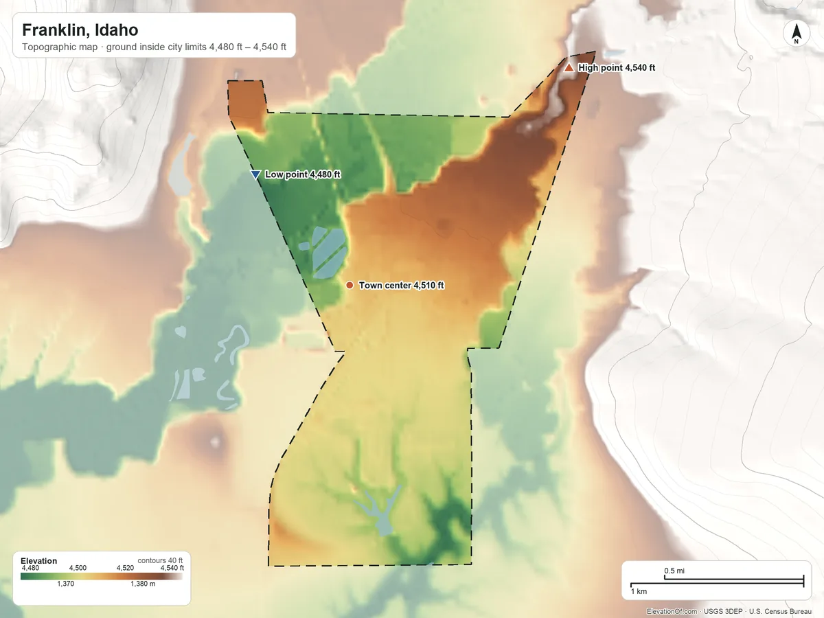 Topographic elevation map of Franklin, Idaho, shaded from 4,480 ft on the northwest side to 4,540 ft on the northeast edge, below higher ground just outside