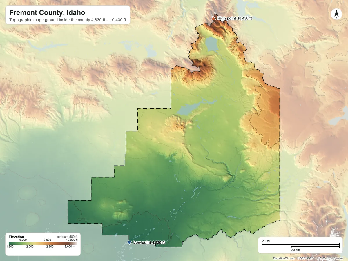 Topographic elevation map of Fremont County, Idaho, shaded from 4,830 ft on the south side to 10,430 ft on the north side