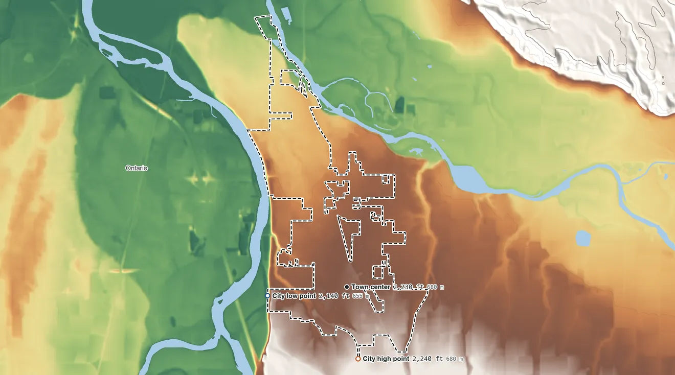 Topographic elevation map of Fruitland, Idaho, shaded from 2,140 ft on the west side to 2,240 ft on the south side