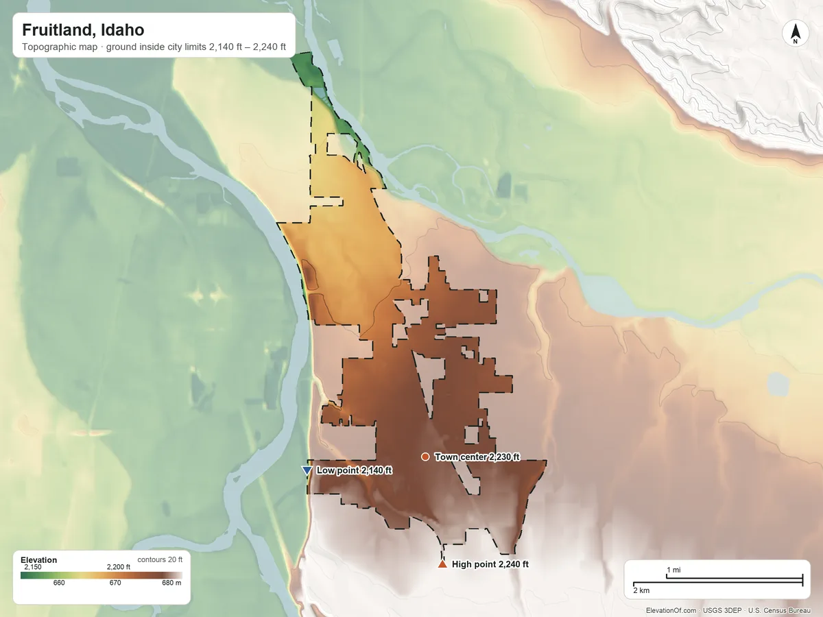 Topographic elevation map of Fruitland, Idaho, shaded from 2,140 ft on the west side to 2,240 ft on the south side