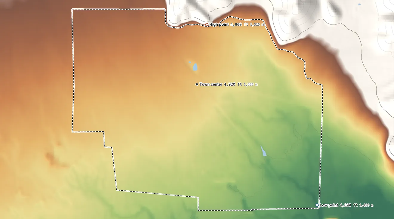 Topographic elevation map of Gannett, Idaho, shaded from 4,890 ft on the southeast side to 4,960 ft at the foot of the Timmerman Hills