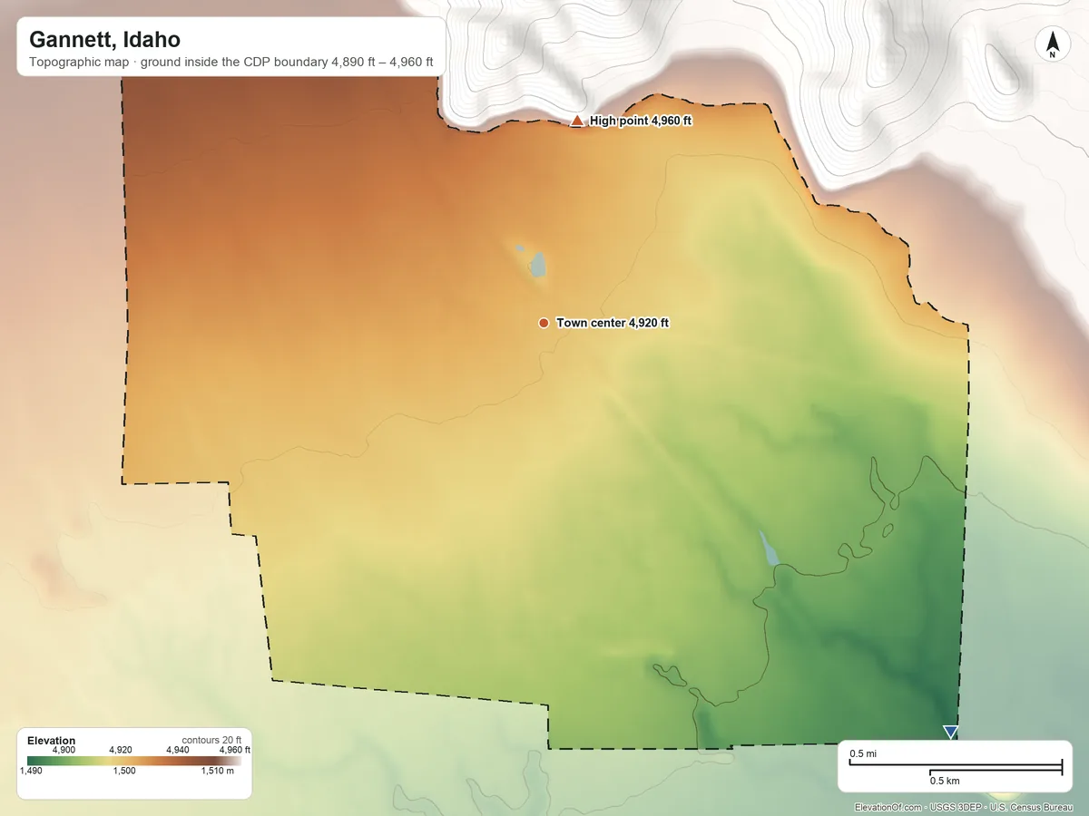 Topographic elevation map of Gannett, Idaho, shaded from 4,890 ft on the southeast side to 4,960 ft at the foot of the Timmerman Hills
