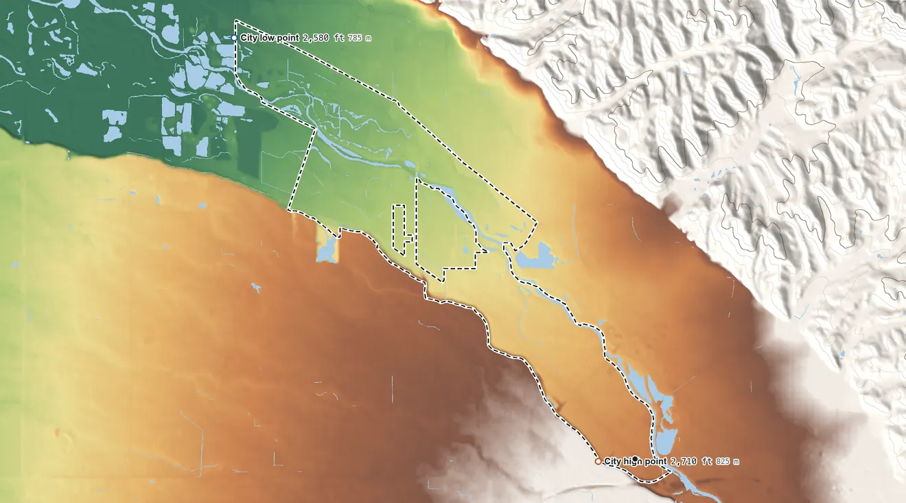Topographic elevation map of Garden City, Idaho, shaded from 2,580 ft on the northwest side to 2,710 ft near the middle