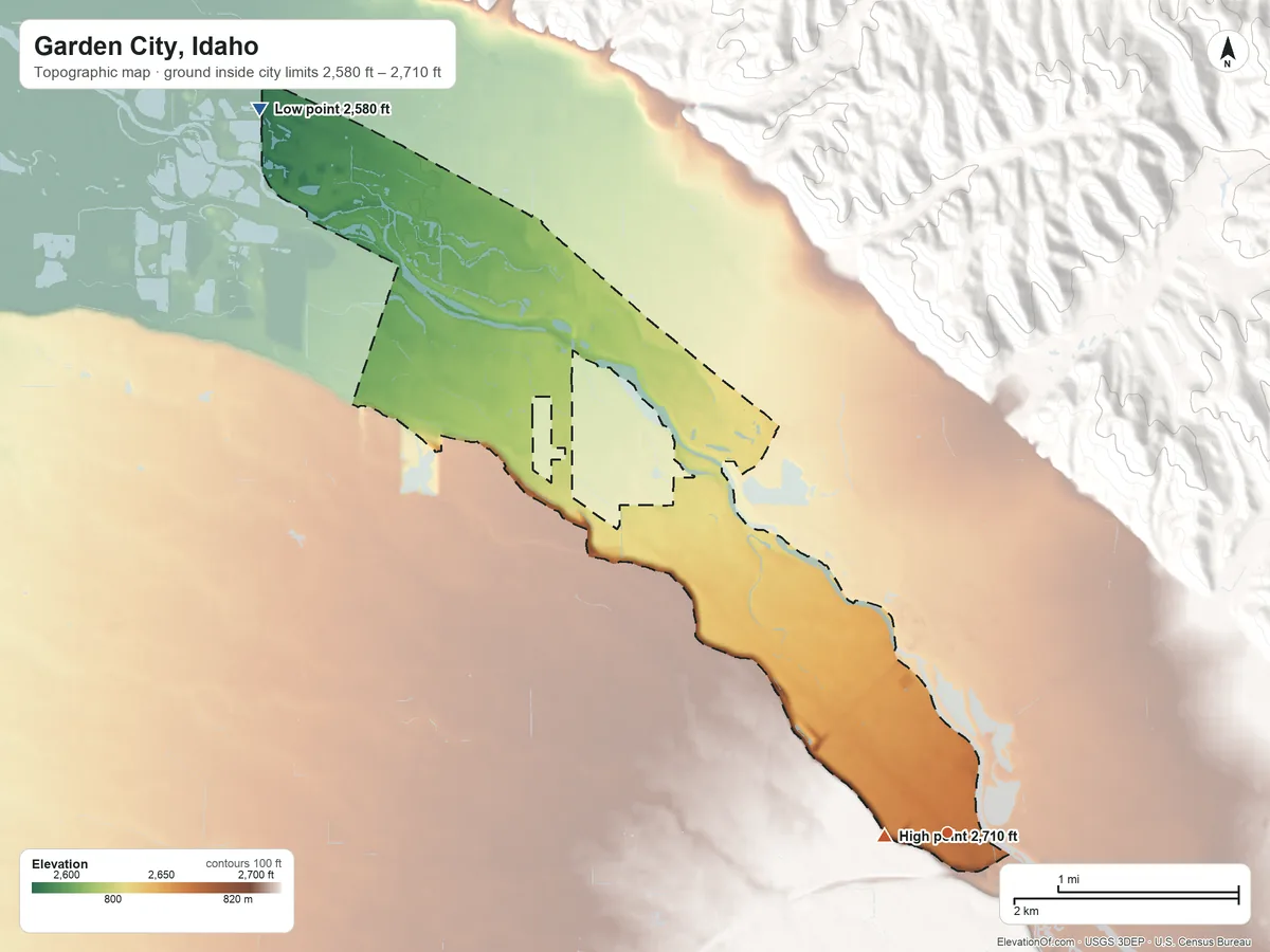 Topographic elevation map of Garden City, Idaho, shaded from 2,580 ft on the northwest side to 2,710 ft near the middle