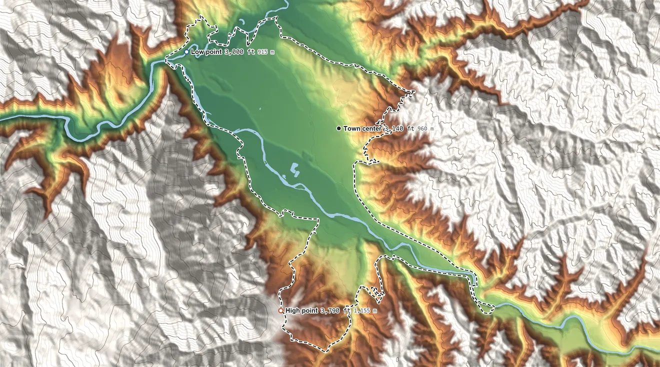 Topographic elevation map of Garden Valley, Idaho, shaded from 3,000 ft on the northwest side to 3,790 ft on the south edge, below higher ground just outside