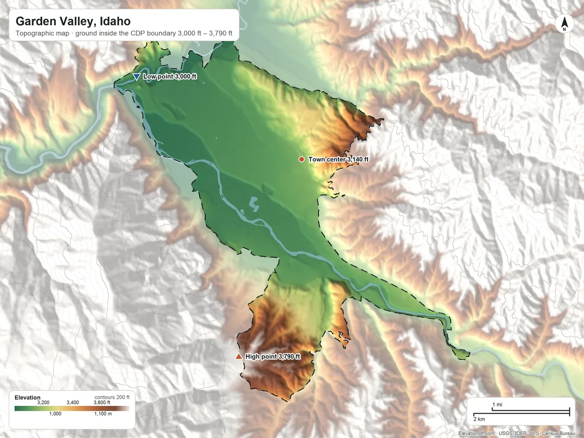 Topographic elevation map of Garden Valley, Idaho, shaded from 3,000 ft on the northwest side to 3,790 ft on the south edge, below higher ground just outside
