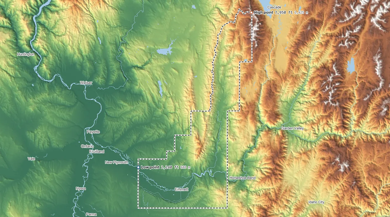 Topographic elevation map of Gem County, Idaho, shaded from 2,240 ft on the southwest side to 7,950 ft on the northeast side