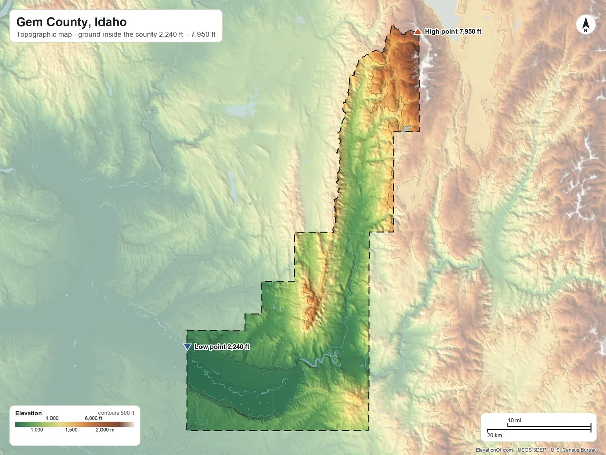 Topographic elevation map of Gem County, Idaho, shaded from 2,240 ft on the southwest side to 7,950 ft on the northeast side