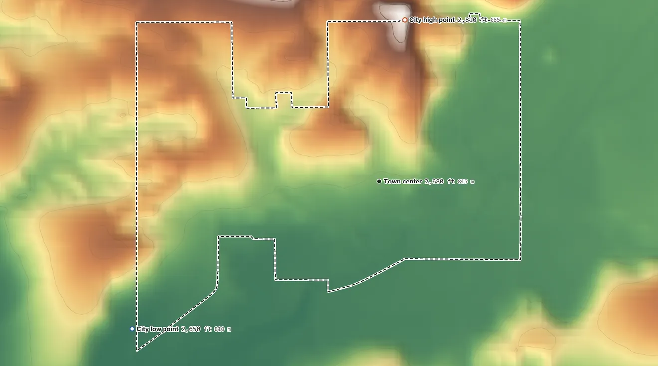 Topographic elevation map of Genesee, Idaho, shaded from 2,650 ft on the southwest side to 2,810 ft on the north side