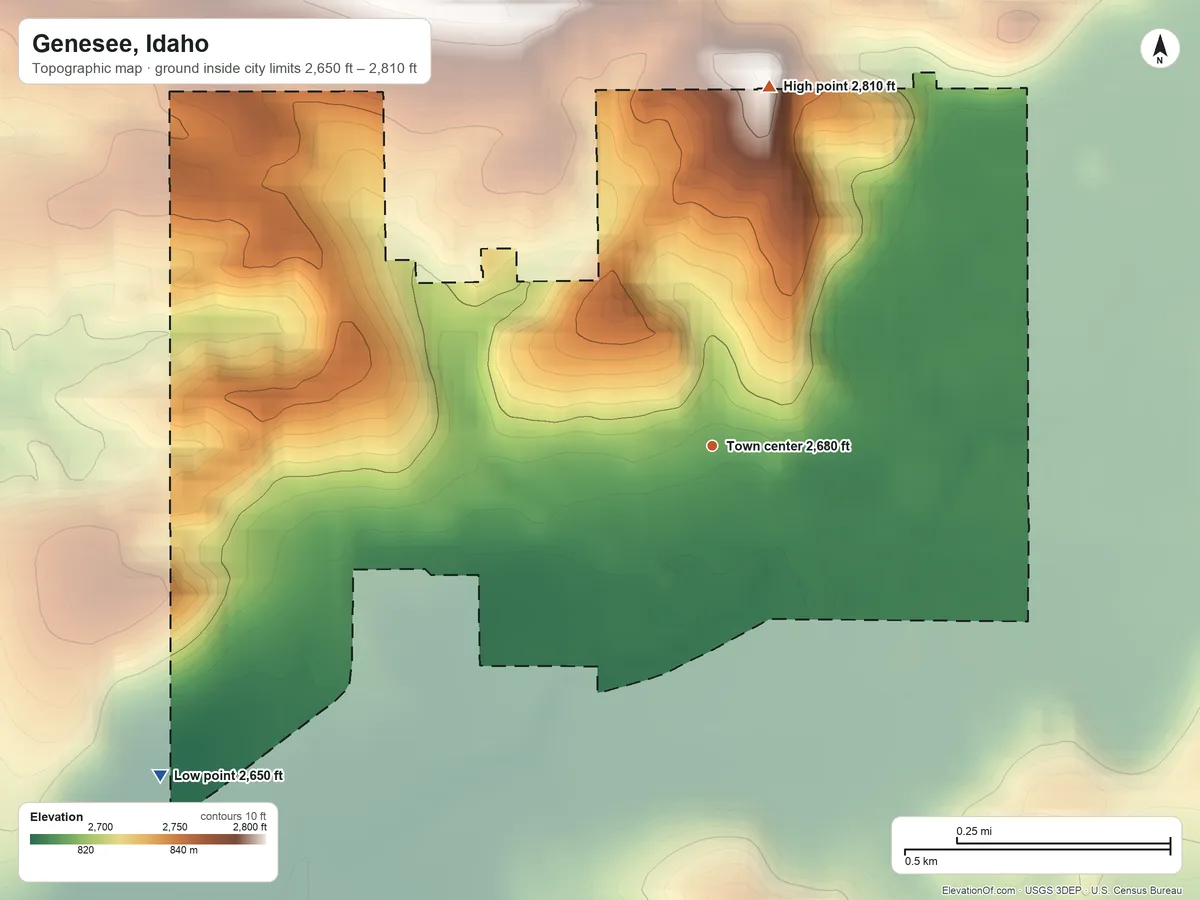 Topographic elevation map of Genesee, Idaho, shaded from 2,650 ft on the southwest side to 2,810 ft on the north side