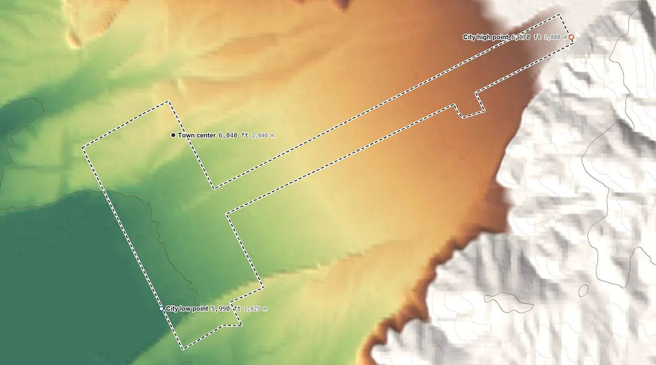 Topographic elevation map of Georgetown, Idaho, shaded from 5,990 ft on the south side to 6,170 ft at the foot of the Preuss Range