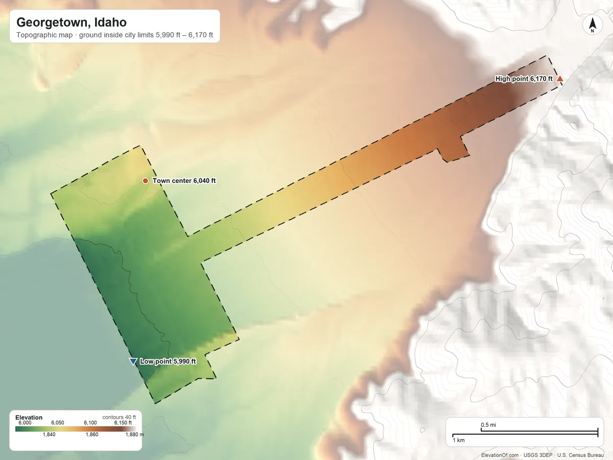Topographic elevation map of Georgetown, Idaho, shaded from 5,990 ft on the south side to 6,170 ft at the foot of the Preuss Range