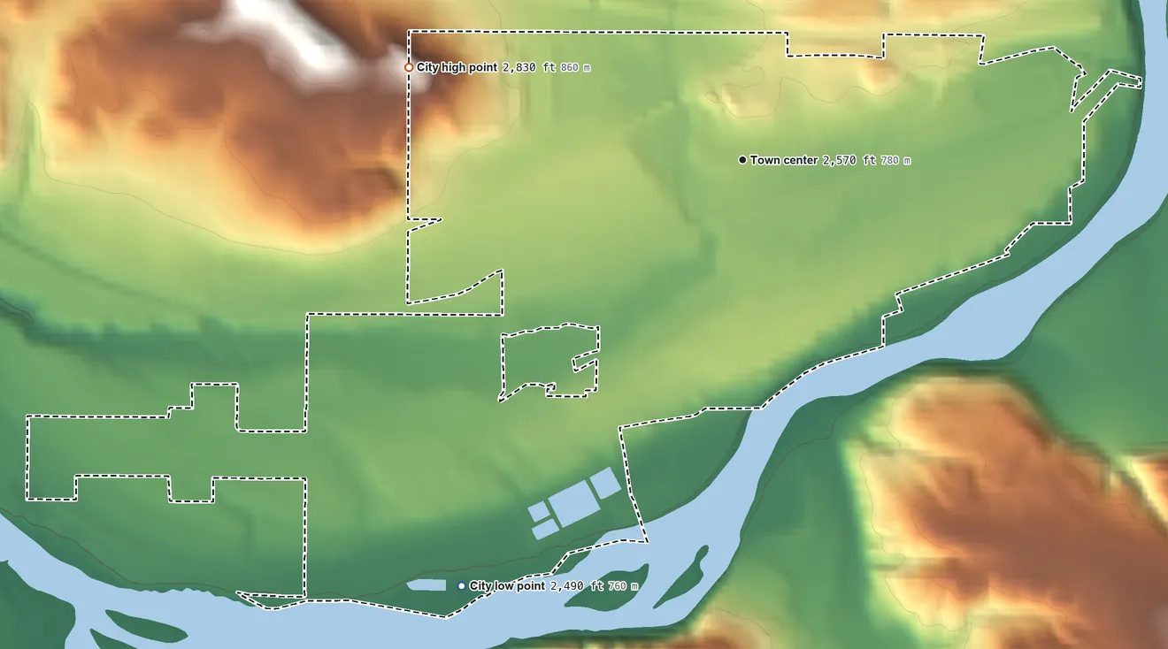 Topographic elevation map of Glenns Ferry, Idaho, shaded from 2,490 ft on the southwest side to 2,830 ft on the west side