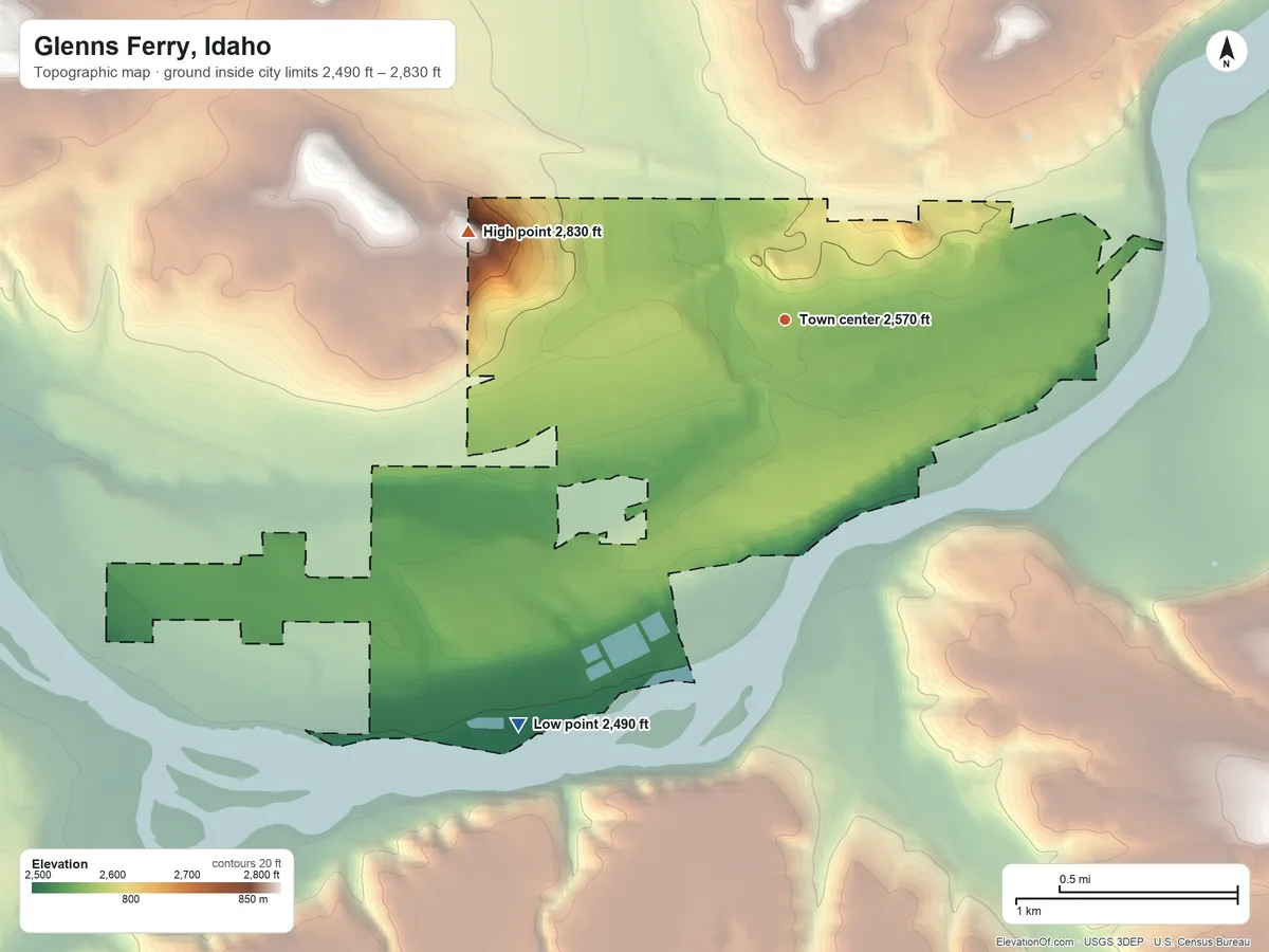 Topographic elevation map of Glenns Ferry, Idaho, shaded from 2,490 ft on the southwest side to 2,830 ft on the west side