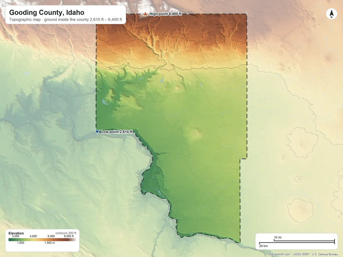 Topographic elevation map of Gooding County, Idaho, shaded from 2,610 ft on the west side to 6,400 ft on the north side