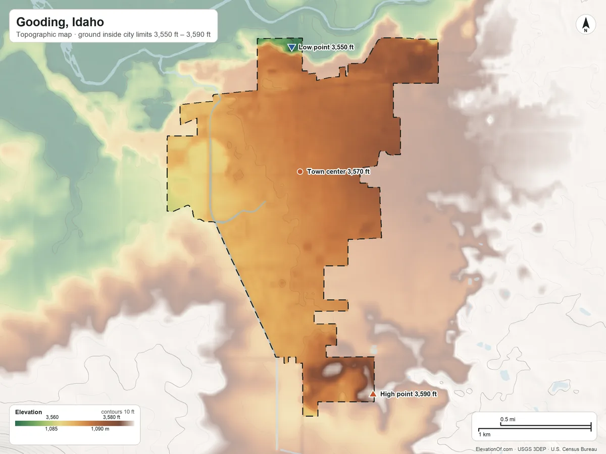 Topographic elevation map of Gooding, Idaho, shaded from 3,550 ft on the north side to 3,590 ft on the south side