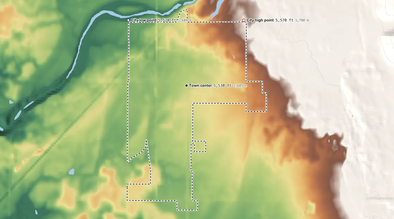 Topographic elevation map of Grace, Idaho, shaded from 5,520 ft on the northwest side to 5,570 ft at the foot of the Ninety Percent Range