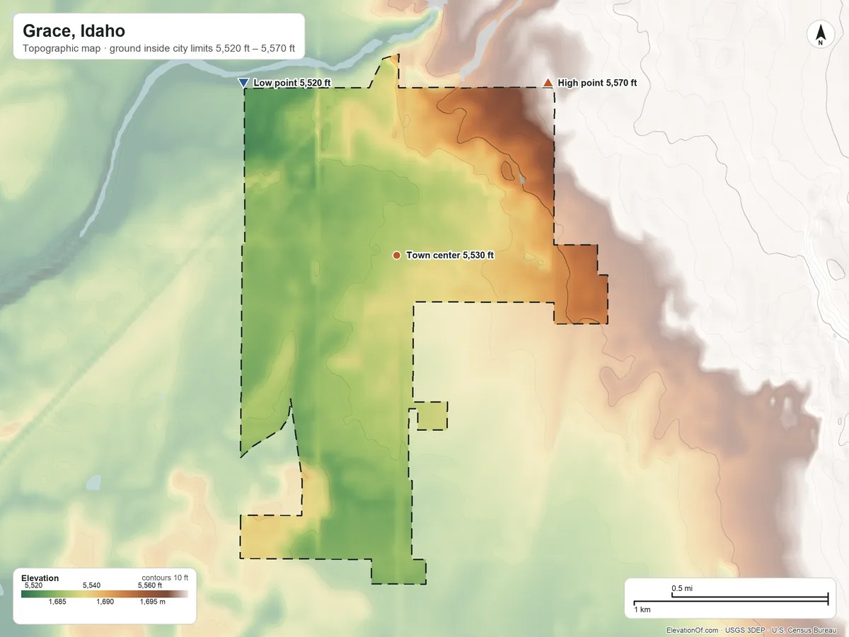 Topographic elevation map of Grace, Idaho, shaded from 5,520 ft on the northwest side to 5,570 ft at the foot of the Ninety Percent Range