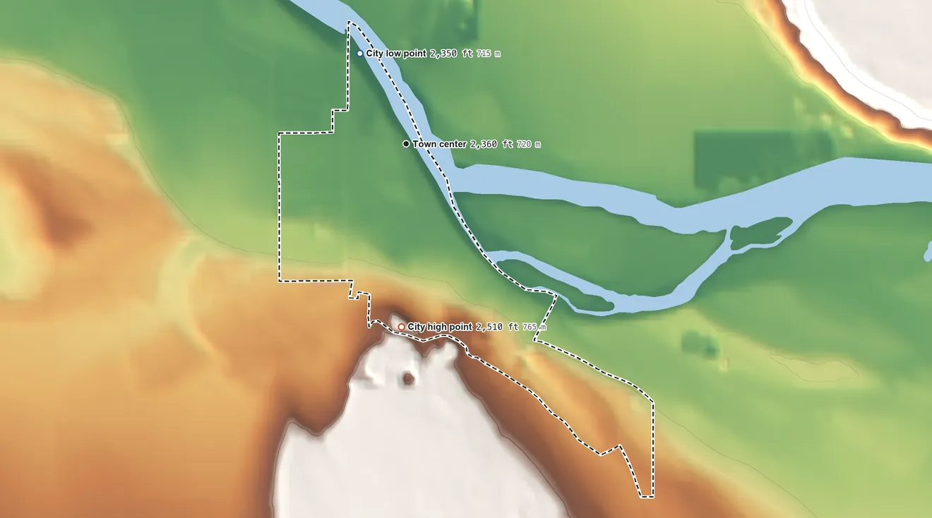 Topographic elevation map of Grand View, Idaho, shaded from 2,350 ft on the northwest side to 2,510 ft on the south side