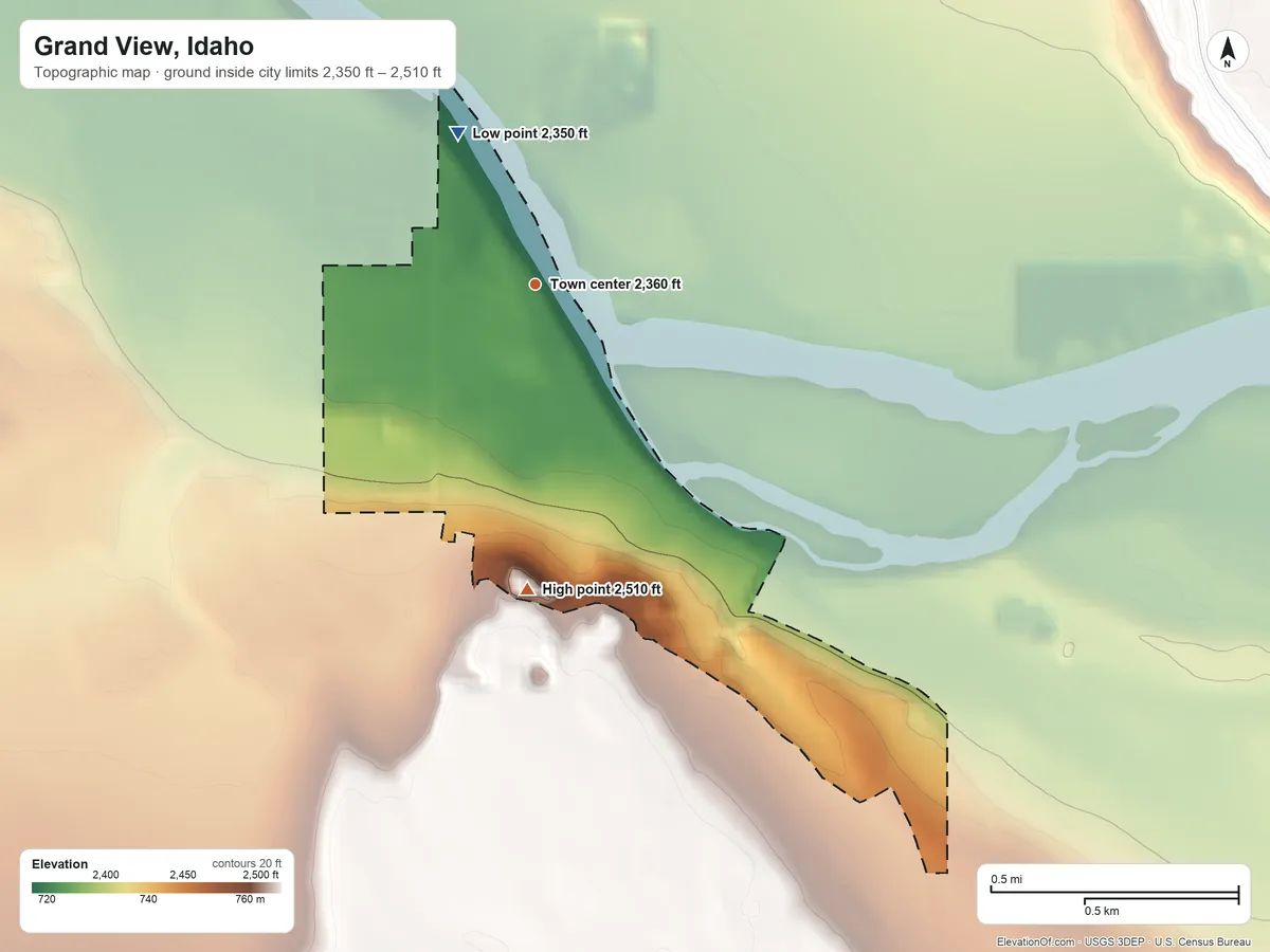 Topographic elevation map of Grand View, Idaho, shaded from 2,350 ft on the northwest side to 2,510 ft on the south side