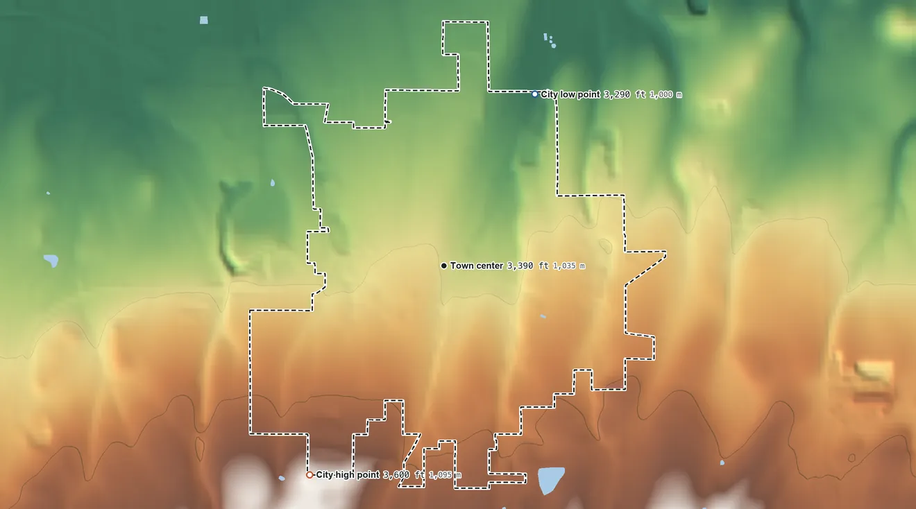 Topographic elevation map of Grangeville, Idaho, shaded from 3,290 ft on the northeast side to 3,600 ft on the southwest edge, below higher ground just outside