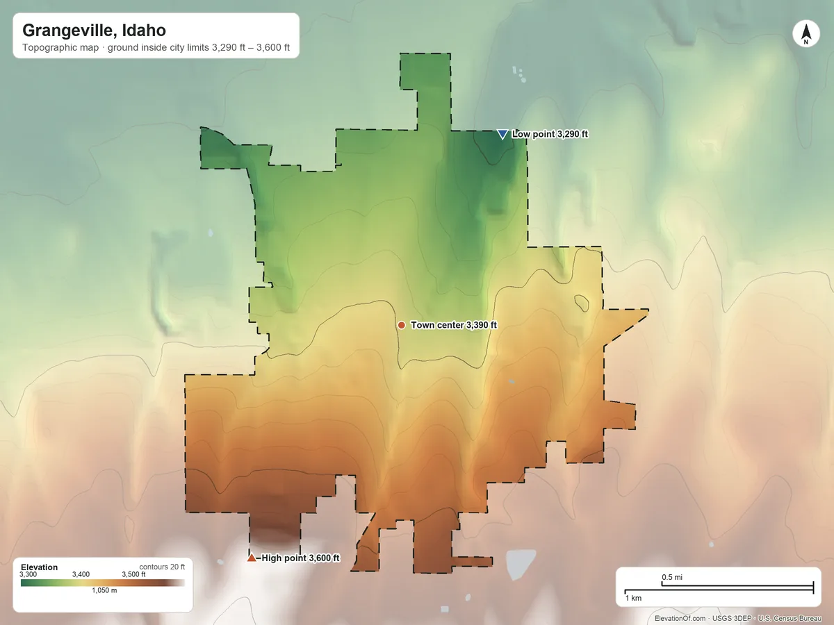 Topographic elevation map of Grangeville, Idaho, shaded from 3,290 ft on the northeast side to 3,600 ft on the southwest edge, below higher ground just outside