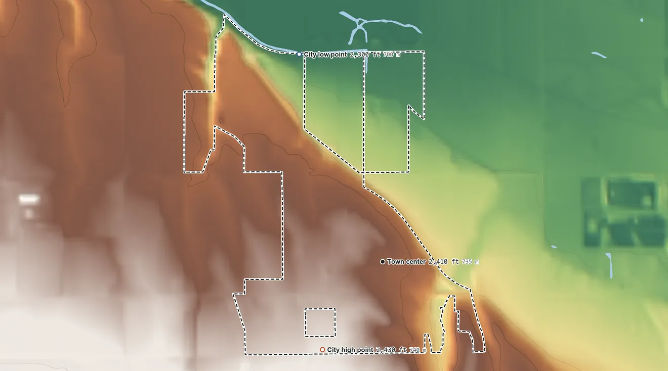 Topographic elevation map of Greenleaf, Idaho, shaded from 2,300 ft on the north side to 2,430 ft on the southwest side