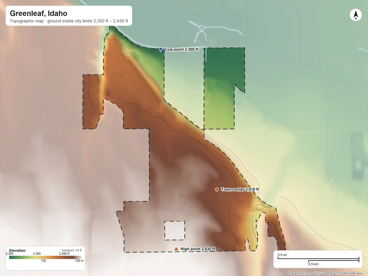 Topographic elevation map of Greenleaf, Idaho, shaded from 2,300 ft on the north side to 2,430 ft on the southwest side
