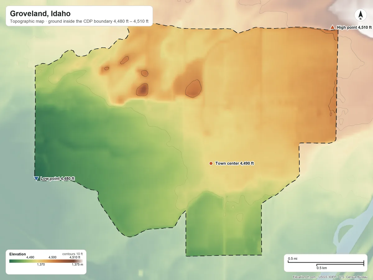 Topographic elevation map of Groveland, Idaho, shaded from 4,480 ft on the west side to 4,510 ft on the northeast side