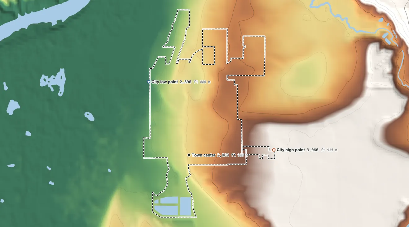 Topographic elevation map of Hagerman, Idaho, shaded from 2,890 ft on the northwest side to 3,060 ft on the east side
