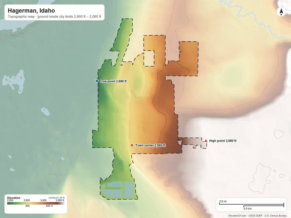 Topographic elevation map of Hagerman, Idaho, shaded from 2,890 ft on the northwest side to 3,060 ft on the east side