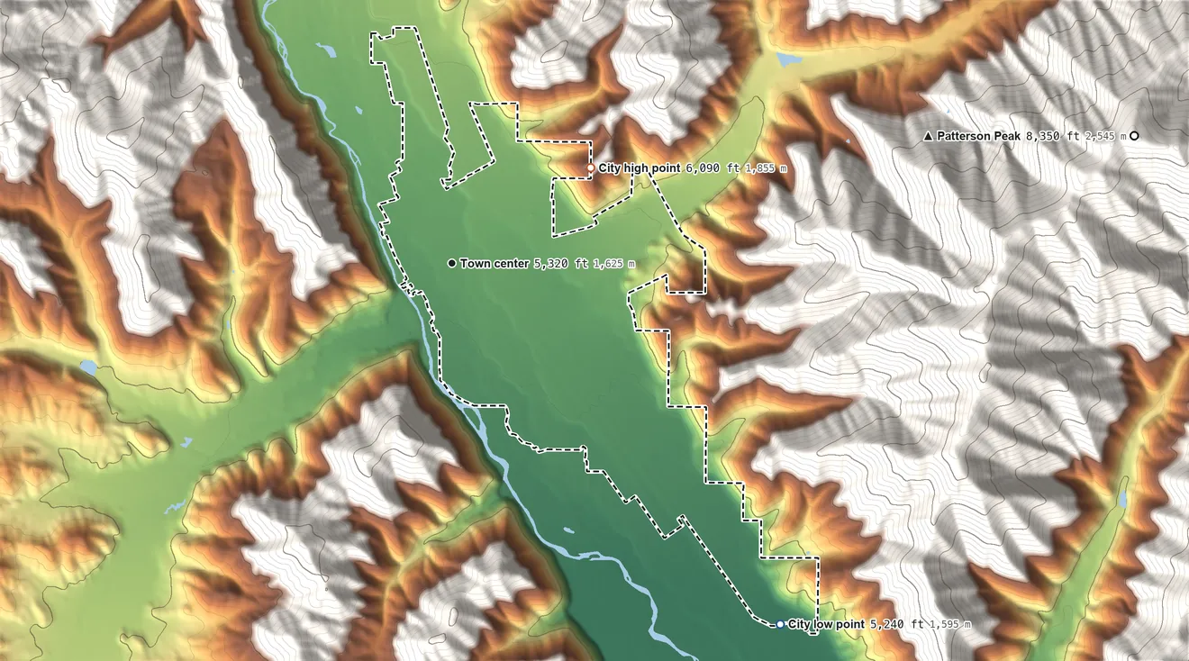 Topographic elevation map of Hailey, Idaho, shaded from 5,240 ft on the southeast side to 6,090 ft at the foot of the Timmerman Hills