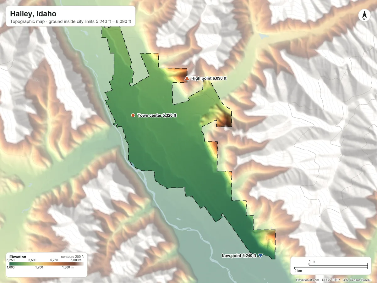 Topographic elevation map of Hailey, Idaho, shaded from 5,240 ft on the southeast side to 6,090 ft at the foot of the Timmerman Hills