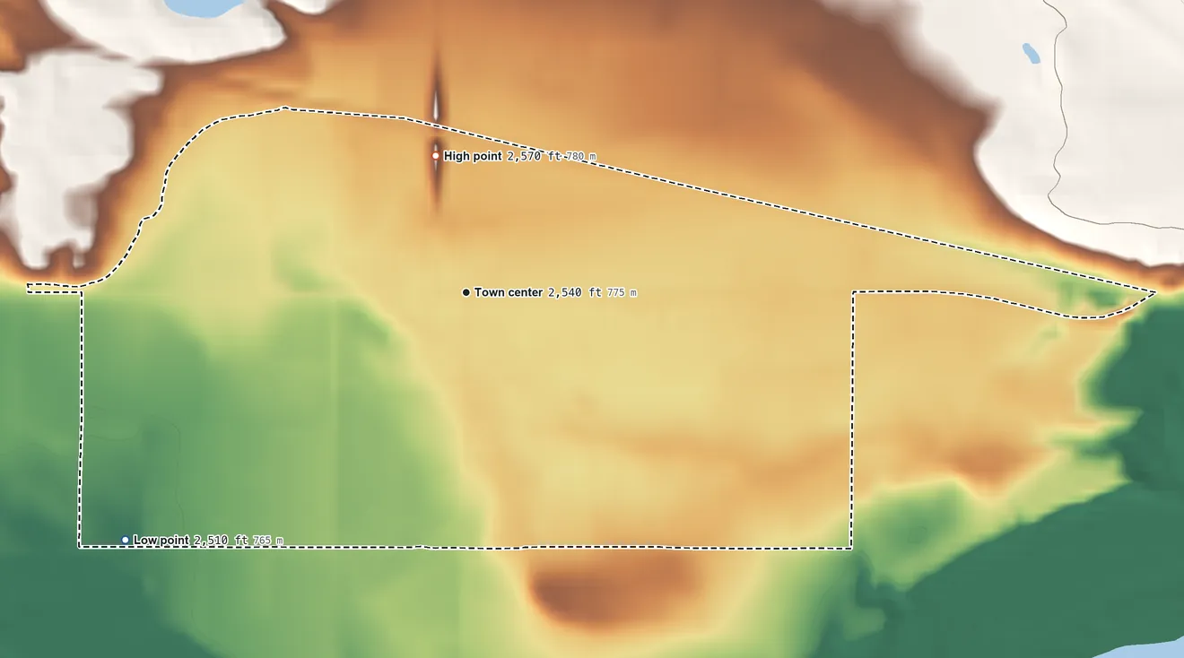 Topographic elevation map of Hammett, Idaho, shaded from 2,510 ft on the southwest side to 2,570 ft on the north edge, below higher ground just outside
