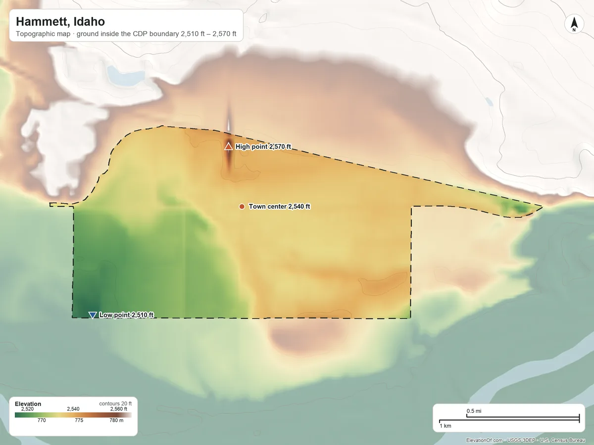 Topographic elevation map of Hammett, Idaho, shaded from 2,510 ft on the southwest side to 2,570 ft on the north edge, below higher ground just outside