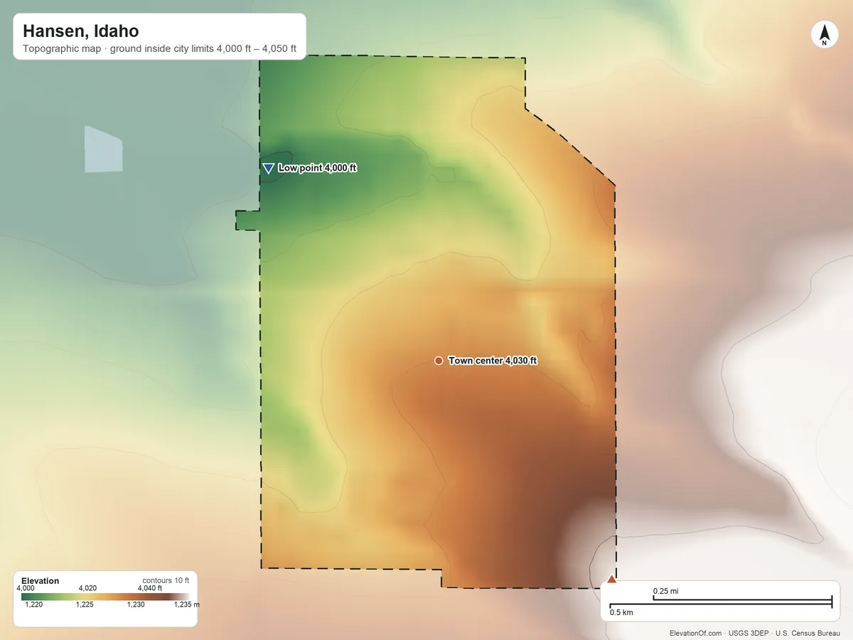 Topographic elevation map of Hansen, Idaho, shaded from 4,000 ft on the northwest side to 4,050 ft on the southeast side